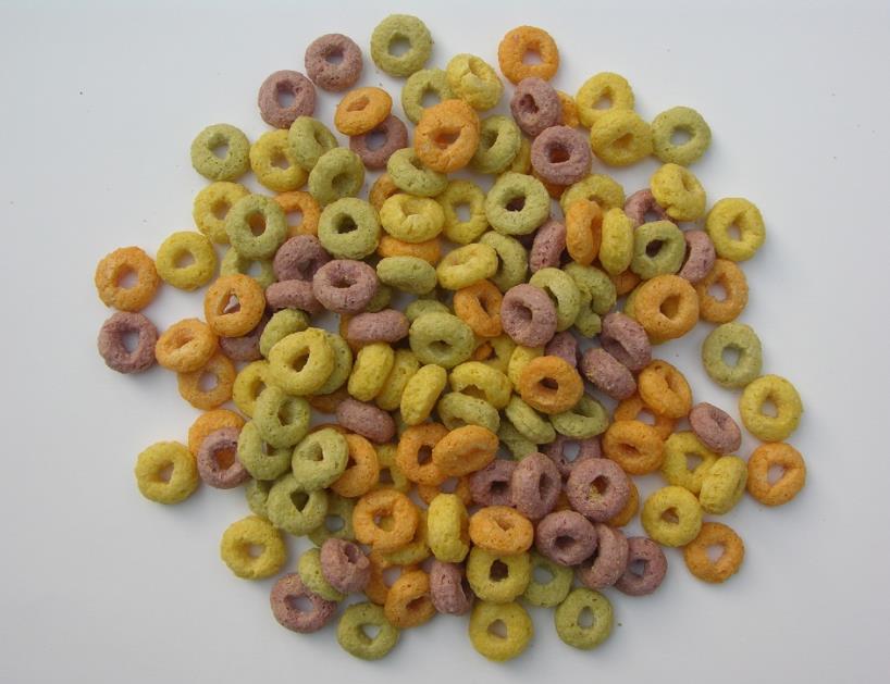 Corlorful loops made by breakfast cereal making machine